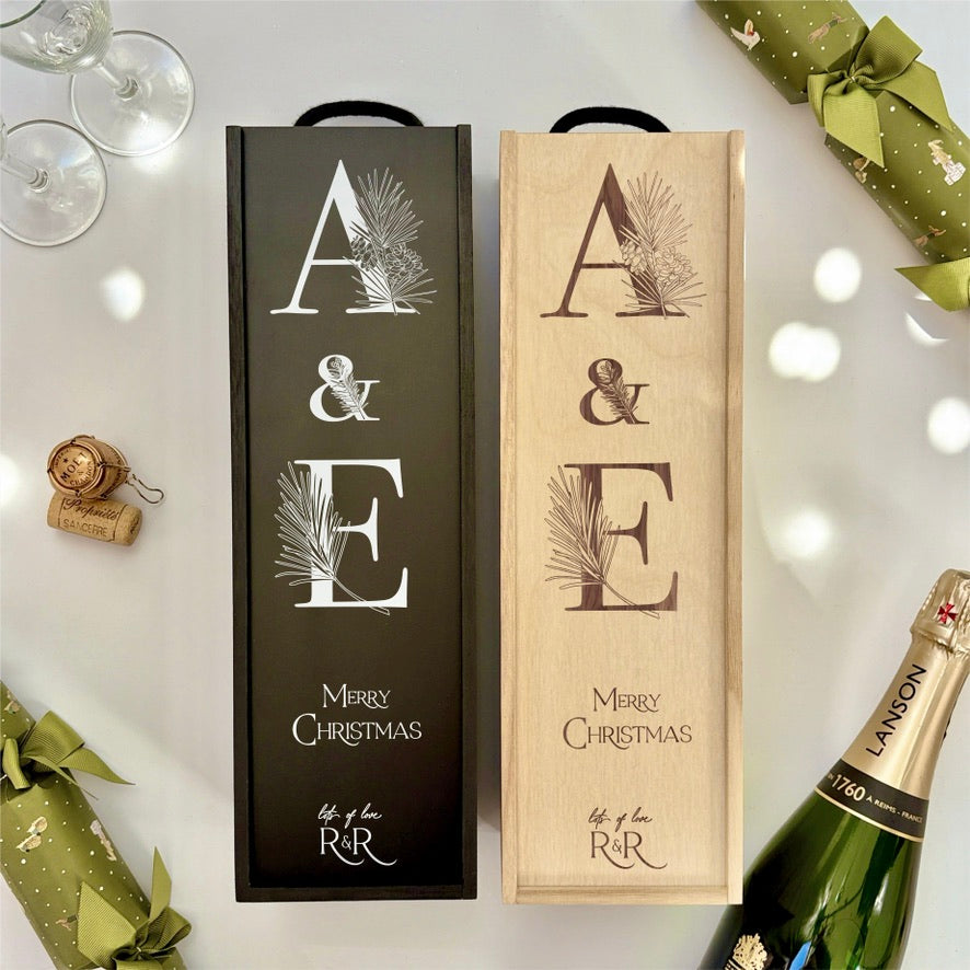Christmas Wine Box Initials Pine Tree Design