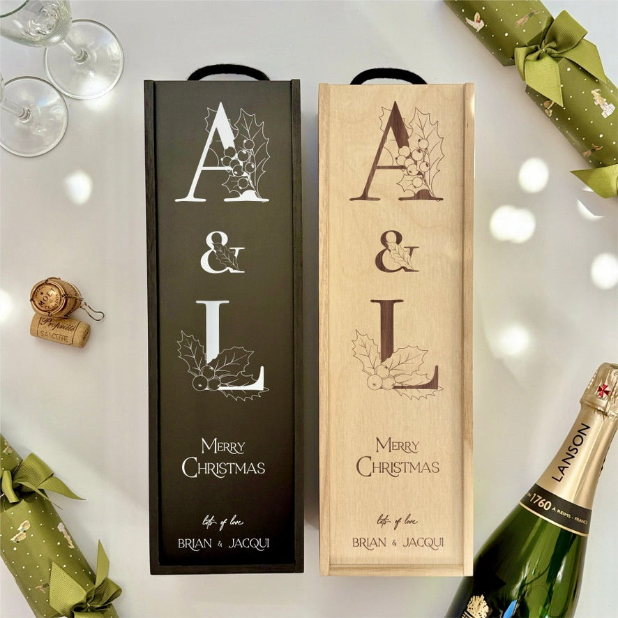 Christmas Wine Box Initials Holly Tree Design