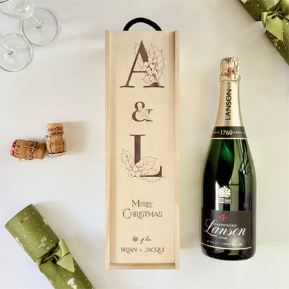 Christmas Wine Box Initials Holly Tree Design
