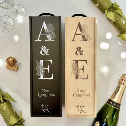 Christmas Wine Box Initials Pine Tree Design