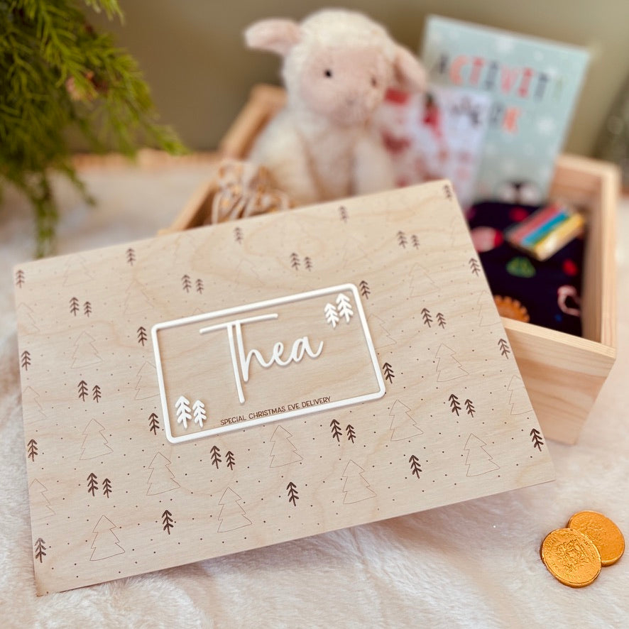 Handmade Personalised Wooden Christmas Eve Box, Scandi Tree with Name