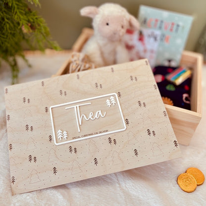 Handmade Personalised Wooden Christmas Eve Box, Scandi Tree with Name
