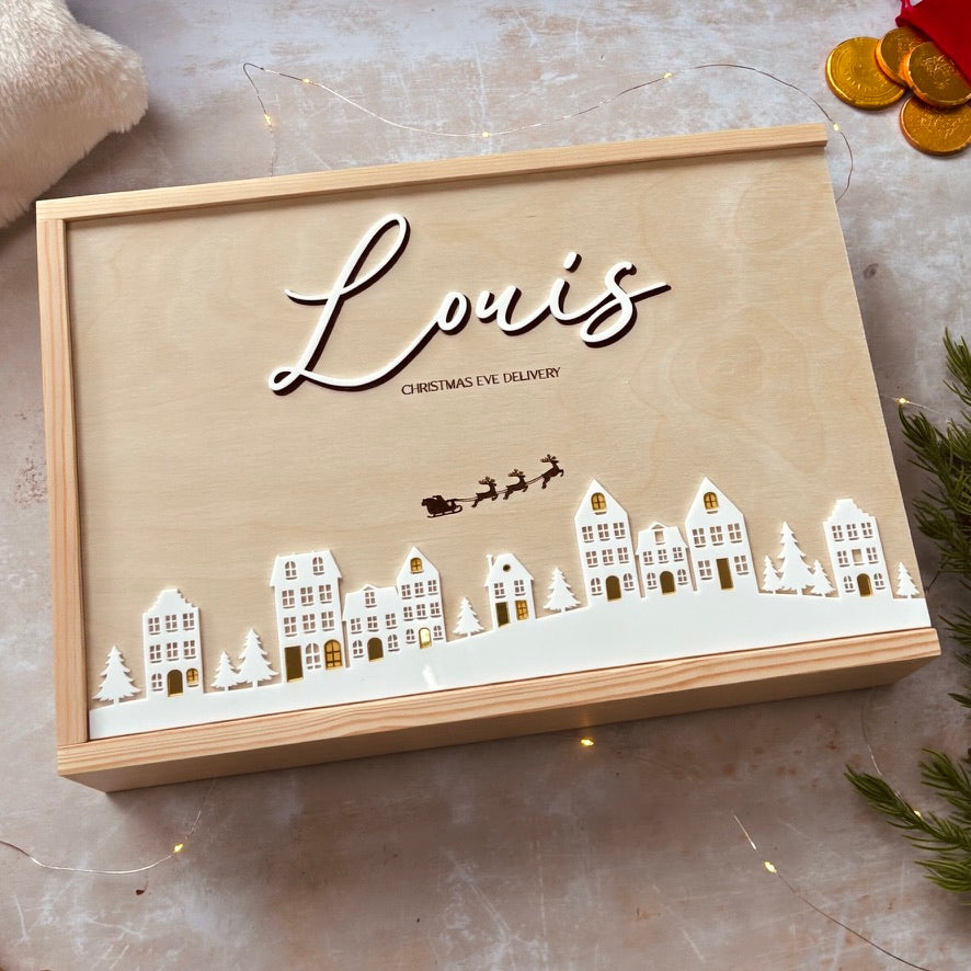 Handmade Personalised Wooden Keepsake Box - Winter Village