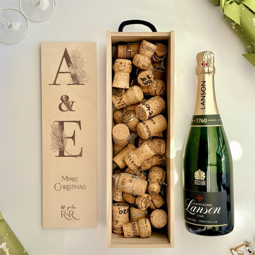 Christmas Wine Box Initials Pine Tree Design
