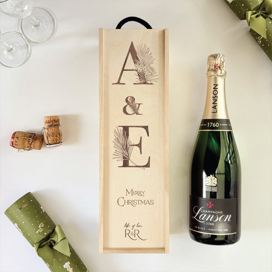 Christmas Wine Box Initials Pine Tree Design