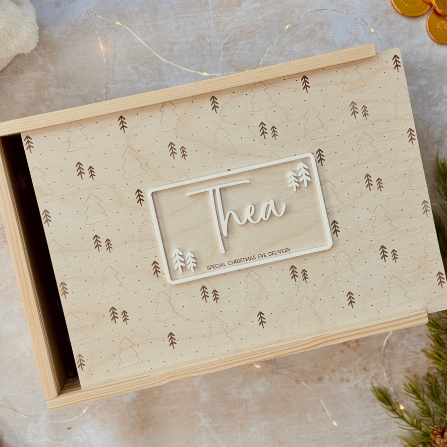 Handmade Personalised Wooden Christmas Eve Box, Scandi Tree with Name