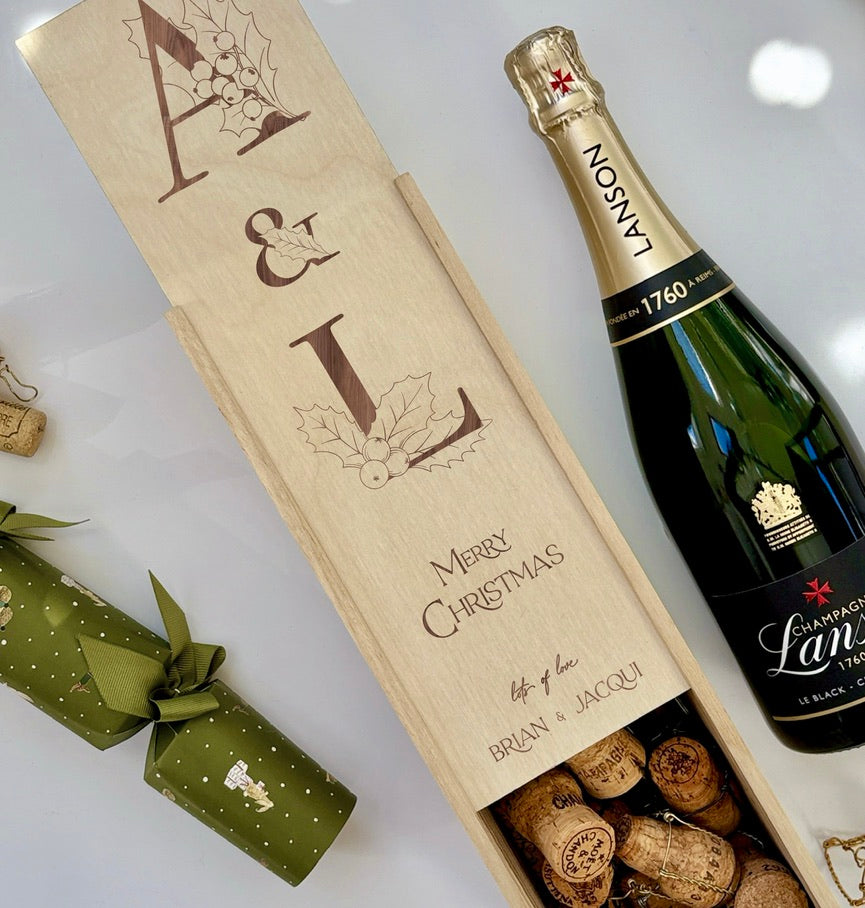 Christmas Wine Box Initials Holly Tree Design