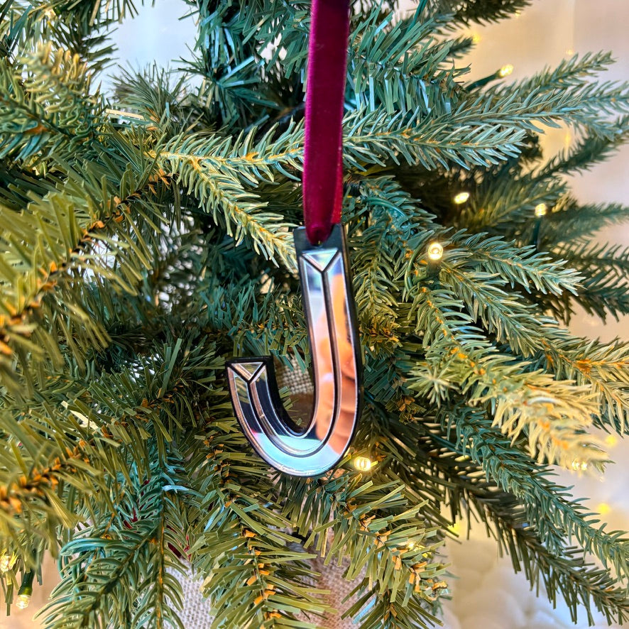 Silver acrylic initial J Christmas ornament with velvet ribbon