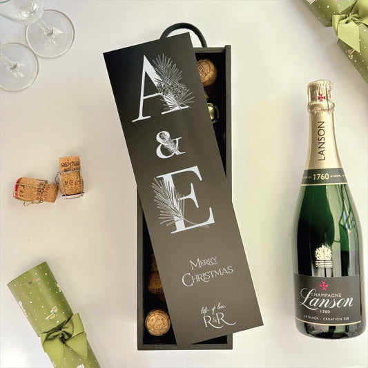 Christmas Wine Box Initials Pine Tree Design