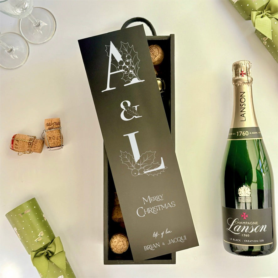 Christmas Wine Box Initials Holly Tree Design