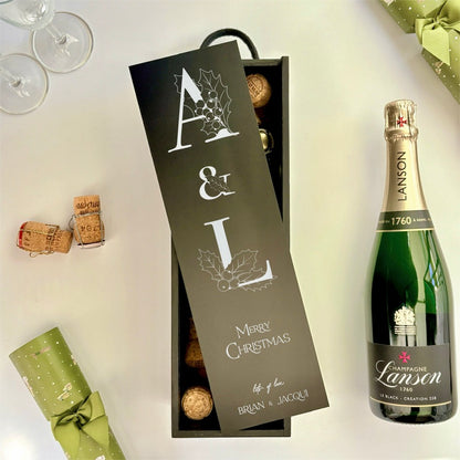 Christmas Wine Box Initials Holly Tree Design