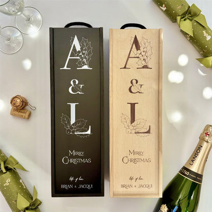 Christmas Wine Box Initials Holly Tree Design
