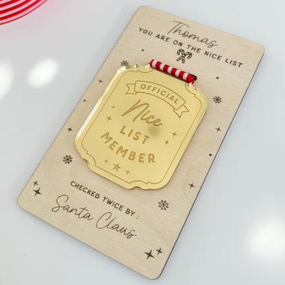 Nice List Medal, Personalised Gold Mirrored