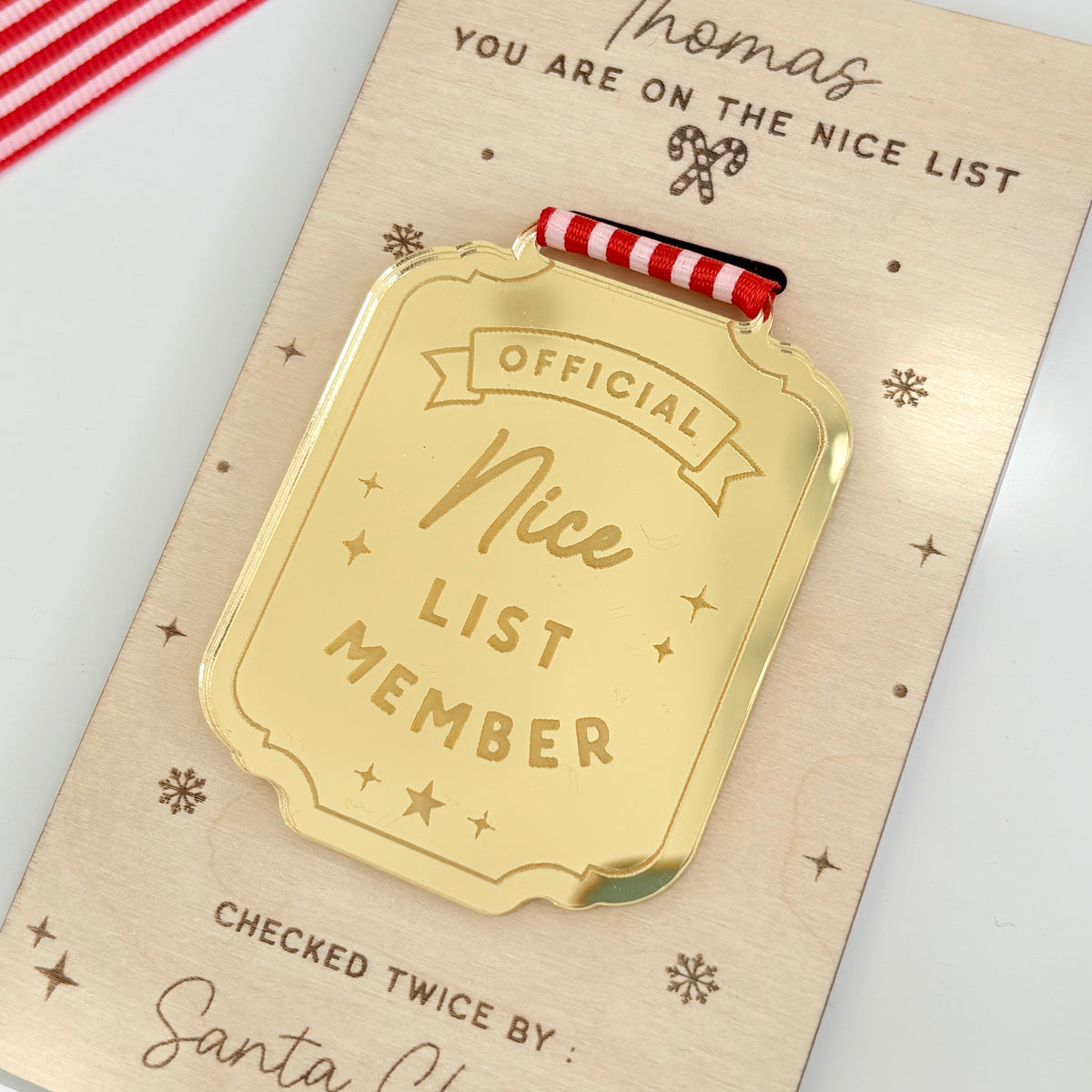 Nice List Medal, Personalised Gold Mirrored