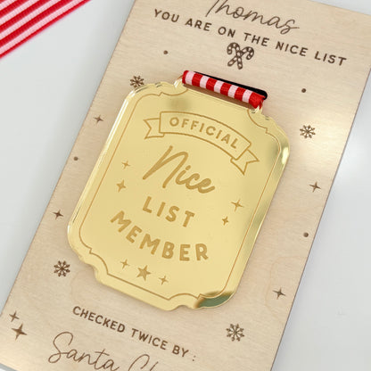 Nice List Medal, Personalised Gold Mirrored