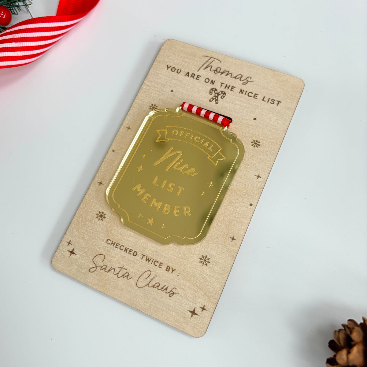 Nice List Medal, Personalised Gold Mirrored