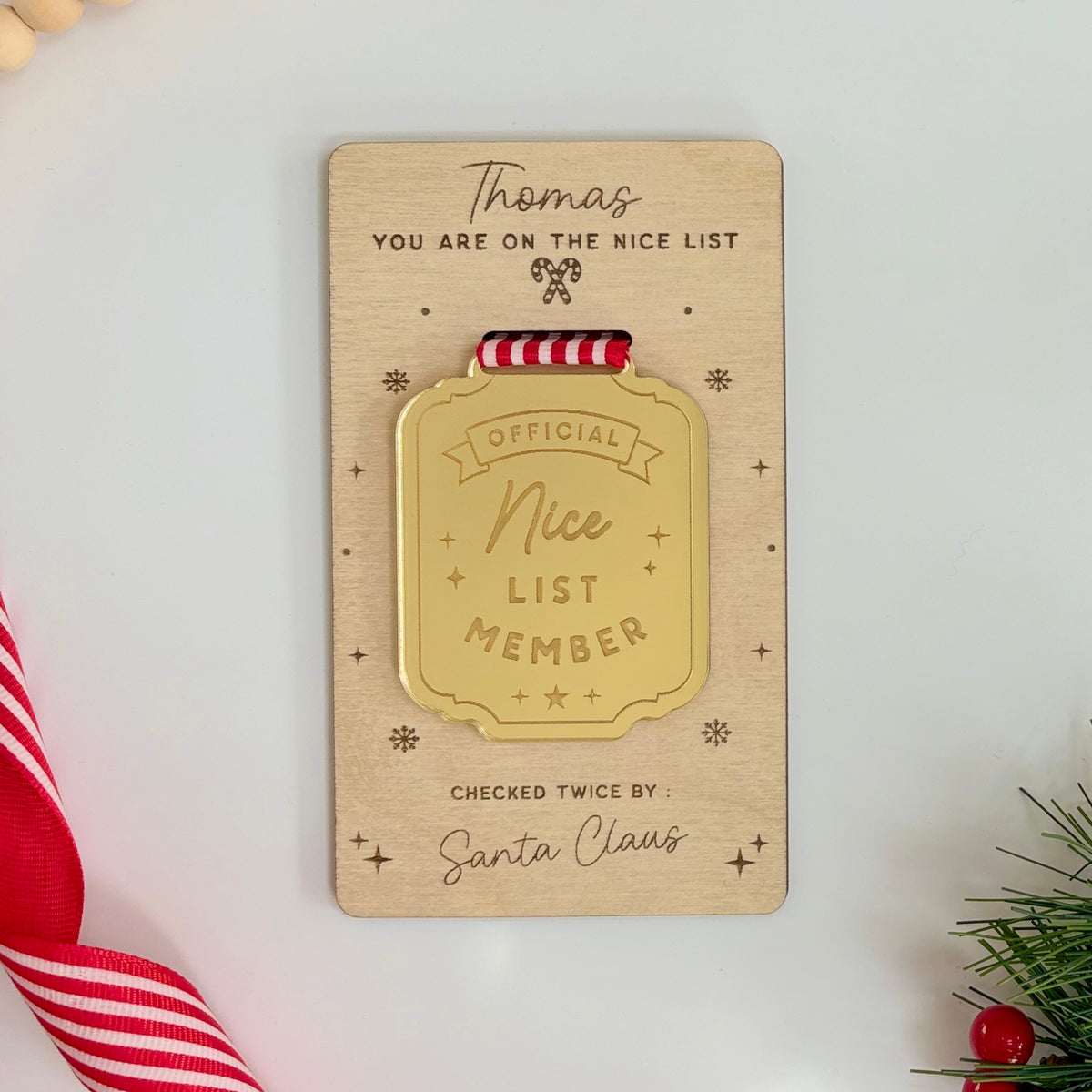 Nice List Medal, Personalised Gold Mirrored