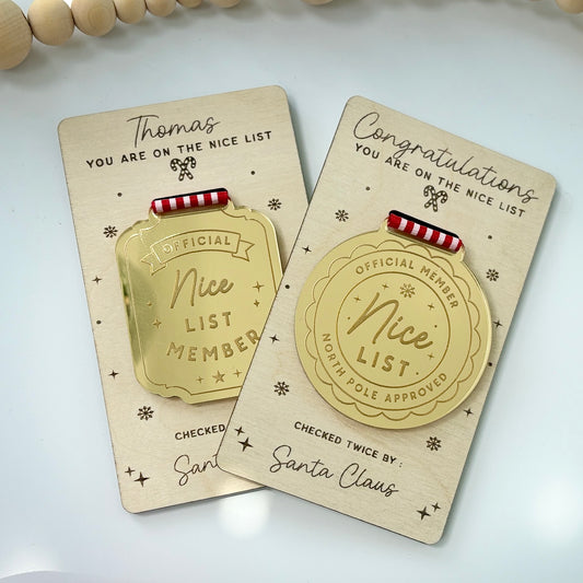 Nice List Medal, Personalised Gold Mirrored