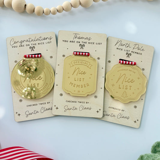 Nice List Medal, Personalised Gold Mirrored