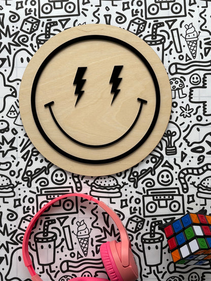 Wooden circle with symbols on a patterned background
