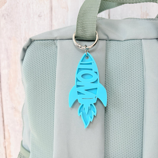 Name Acrylic Rocket Keyring, Two Tone Space Ship