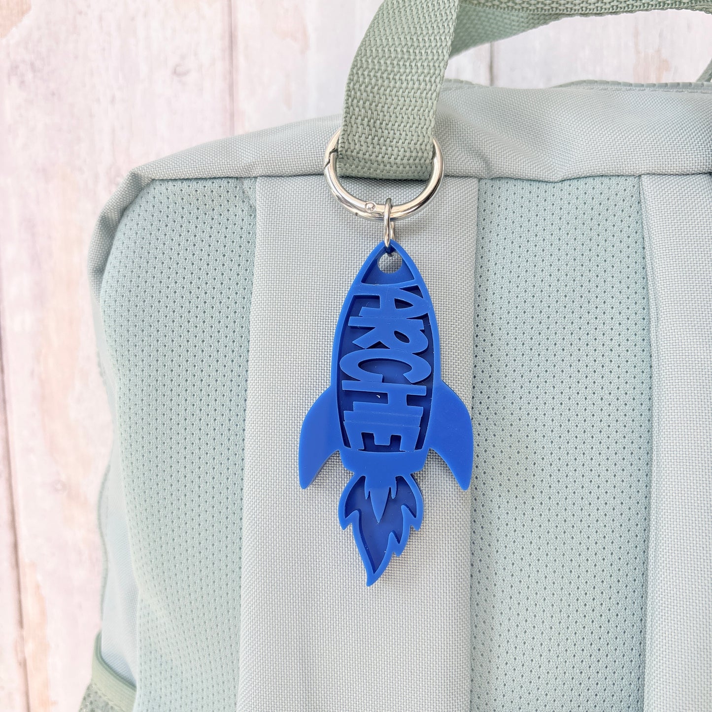 Name Acrylic Rocket Keyring, Two Tone Space Ship