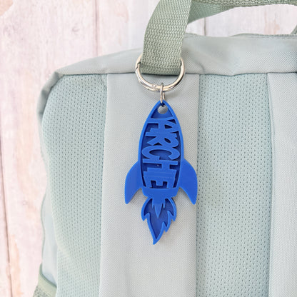 Name Acrylic Rocket Keyring, Two Tone Space Ship