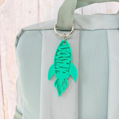 Name Acrylic Rocket Keyring, Two Tone Space Ship