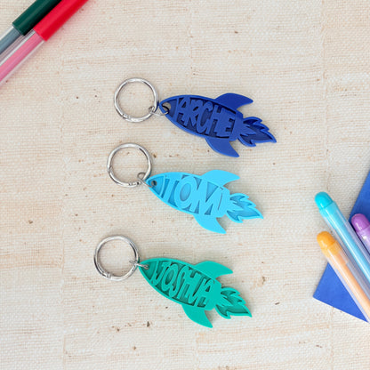 Name Acrylic Rocket Keyring, Two Tone Space Ship