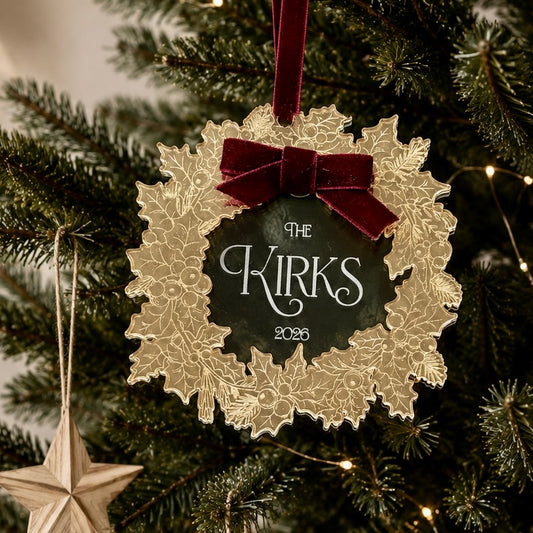Gold Holly Wreath Personalised Christmas Decoration