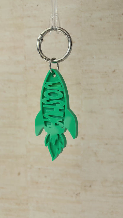 Name Acrylic Rocket Keyring, Two Tone Space Ship